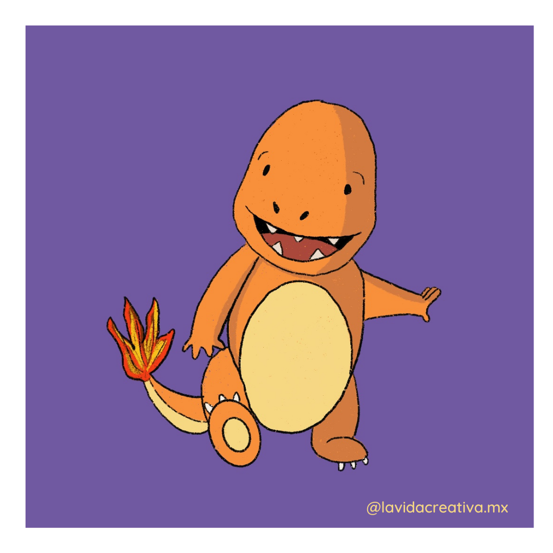 Imagen de Charmander, el Pokémon de tipo fuego, en una ilustración digital detallada y vívida. Charmander está de pie con una expresión juguetona y una llama encendida en la punta de su cola.