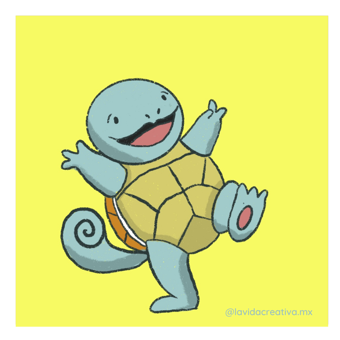 Imagen de Squirtle, el Pokémon de tipo agua, en una ilustración digital vívida y detallada. Squirtle está de pie con una expresión juguetona