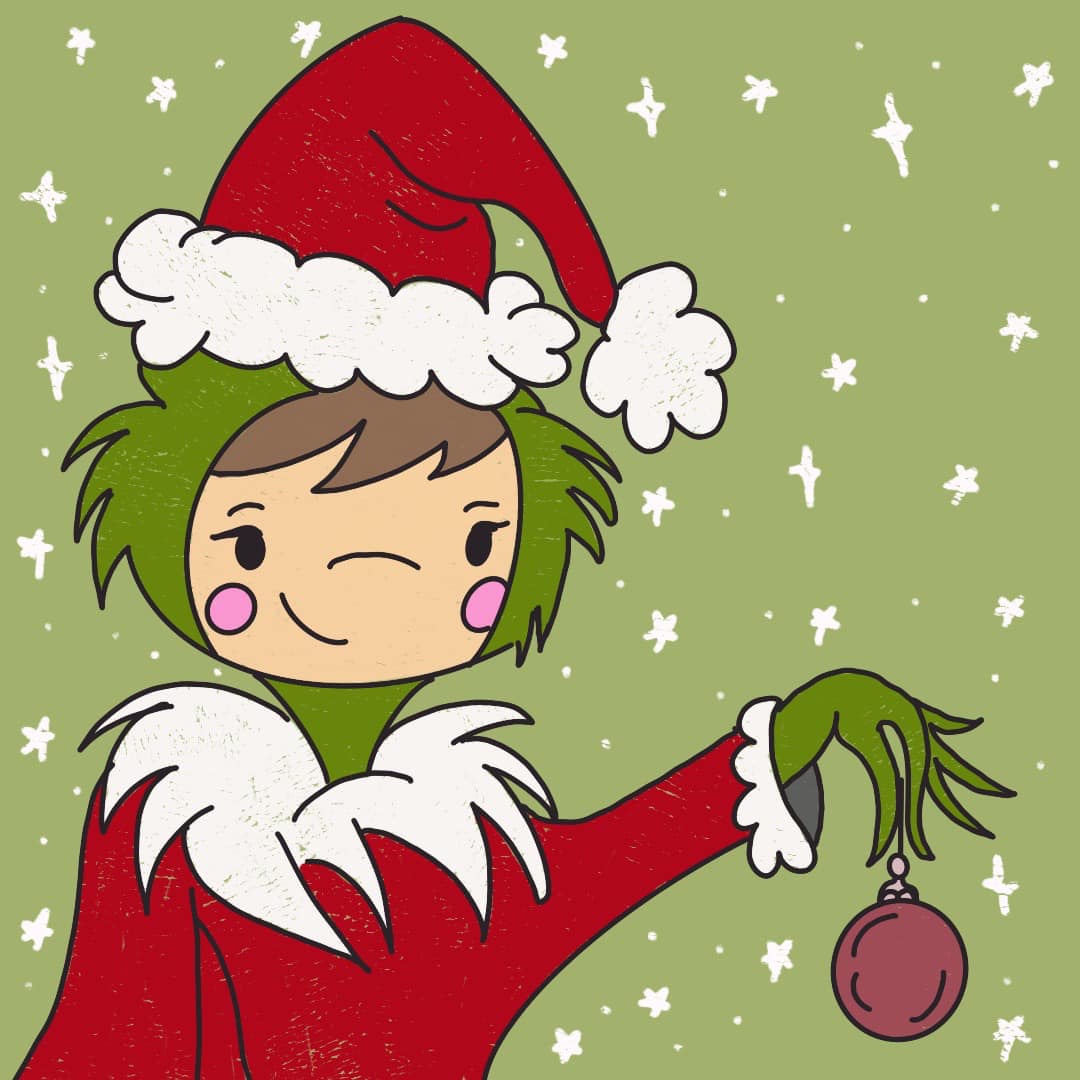 Imagen de una niña disfrazada del Grinch en una ilustración digital con temática navideña. La niña lleva un disfraz verde con una expresión traviesa en el rostro.
