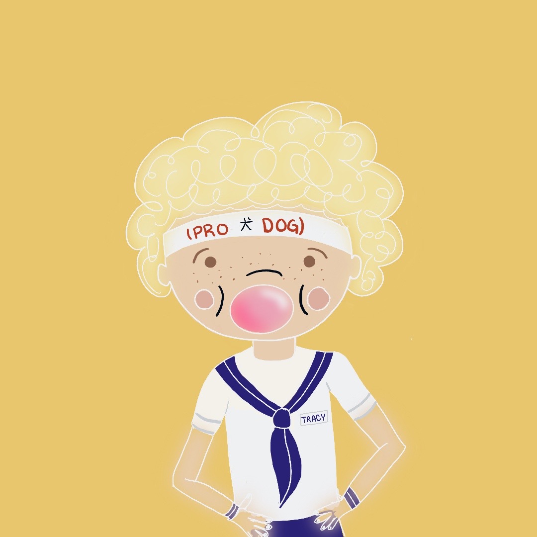 Imagen de Tracy Walker, el personaje de la película Isle of Dogs, en una ilustración digital. Tracy tiene una bomba de chicle en la boca y una expresión determinada en el rostro. Está vestida con su atuendo característico