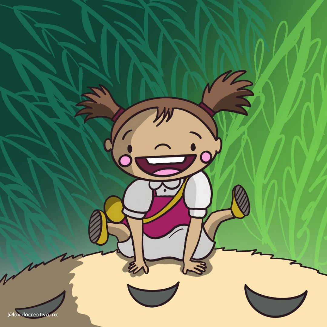 Imagen de Mei Kusakabe, el personaje de la película Mi Vecino Totoro, jugando encima de Totoro en una ilustración digital. Mei está sonriendo y disfrutando mientras se divierte sobre la panza de Totoro, quien tiene una expresión amigable. Ambos personajes están rodeados de naturaleza y elementos del bosque, creando una atmósfera encantadora y llena de alegría.